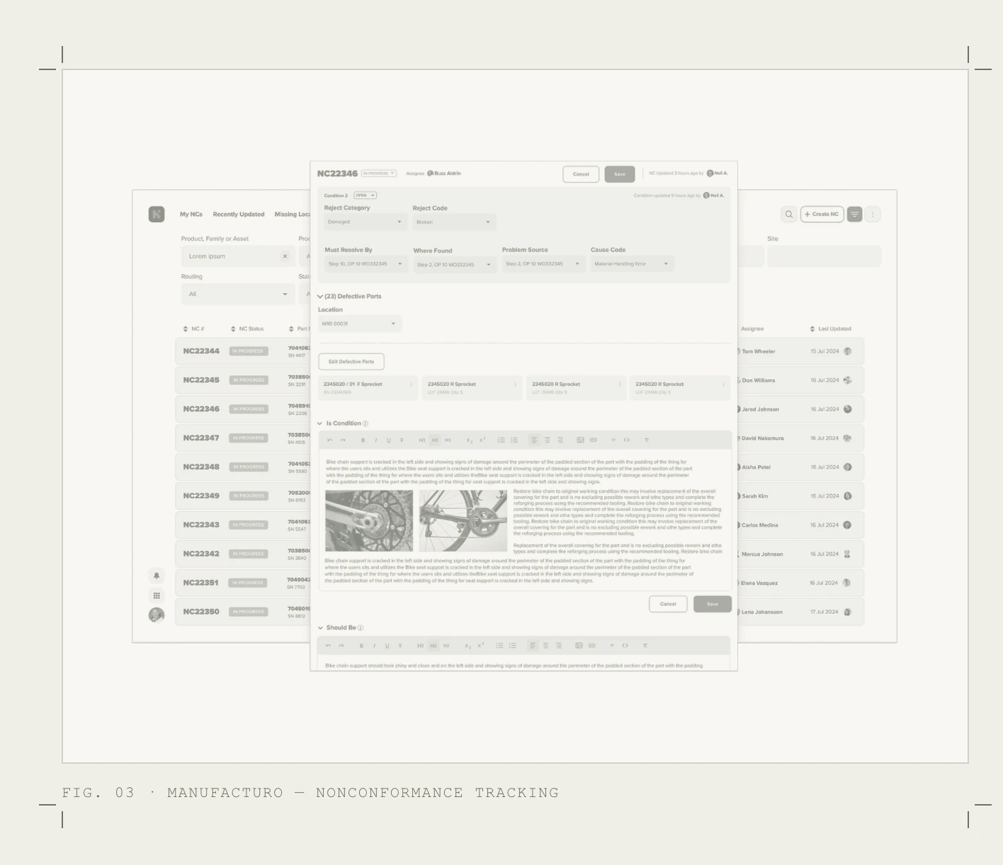 Fig. 03. Manufacturo's nonconformance list and a defect record opened from within a work order