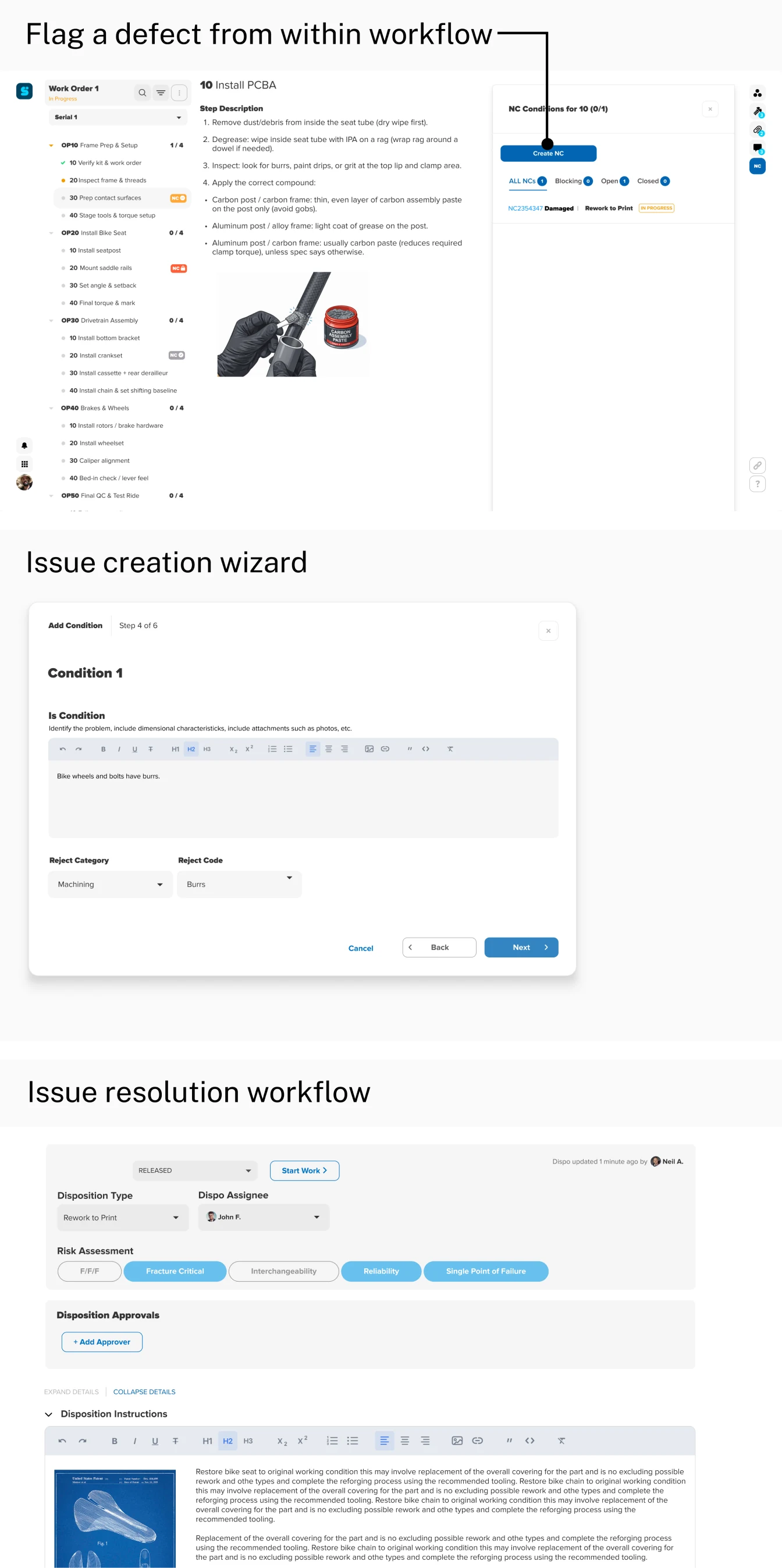 The three pieces: flagging a defect from within a work order, the issue-creation wizard, and the issue-resolution workflow with disposition type, risk assessment and approvals