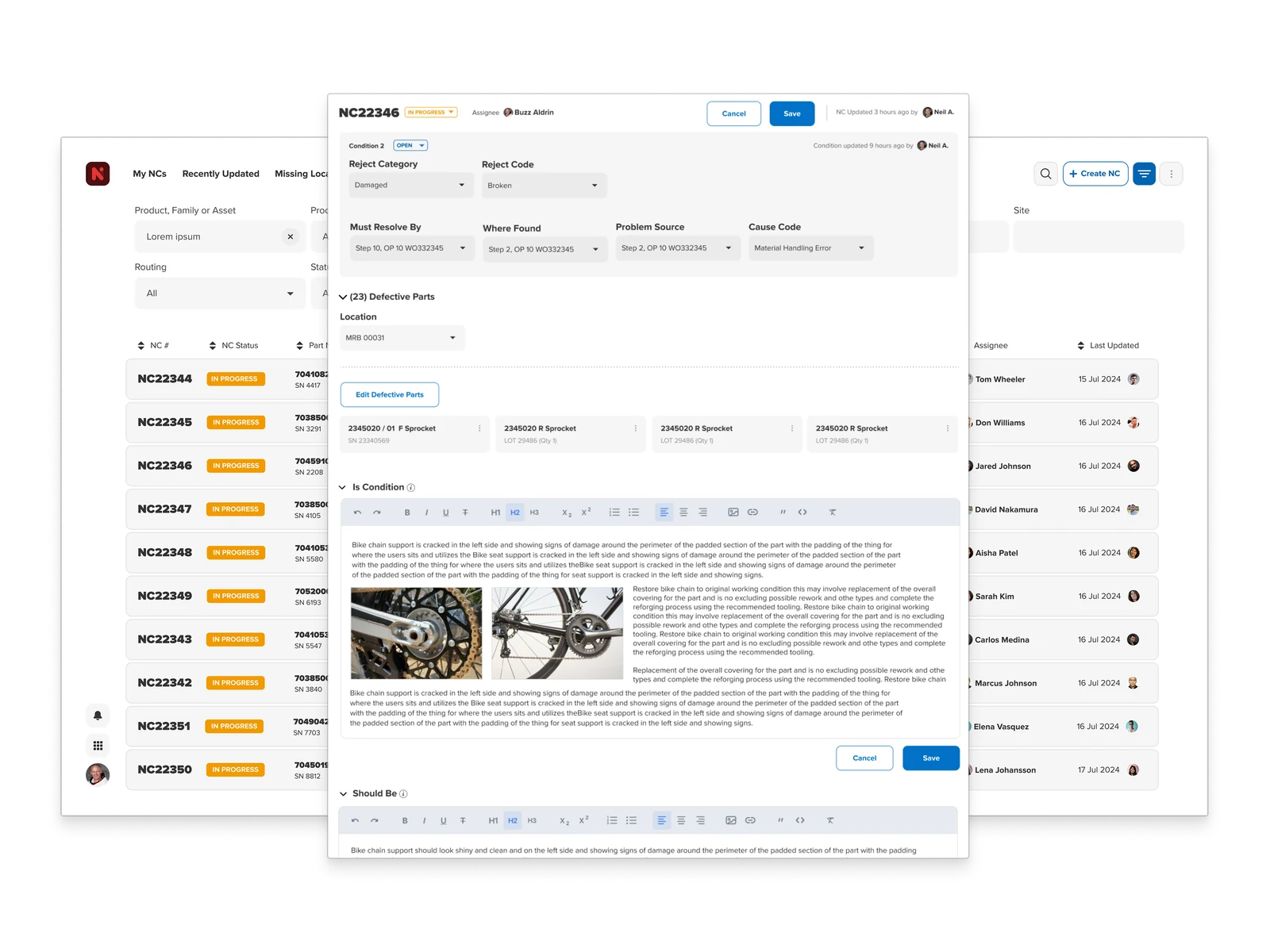 Manufacturo's nonconformance list, with a defect record opened from within a work order