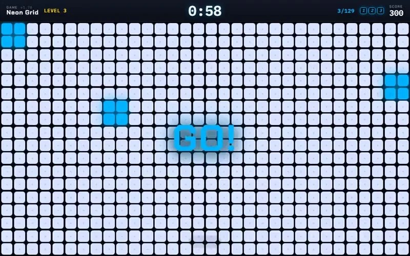 Neon Grid, a projected floor game: a grid of light tiles on the floor, with lit clusters to stomp