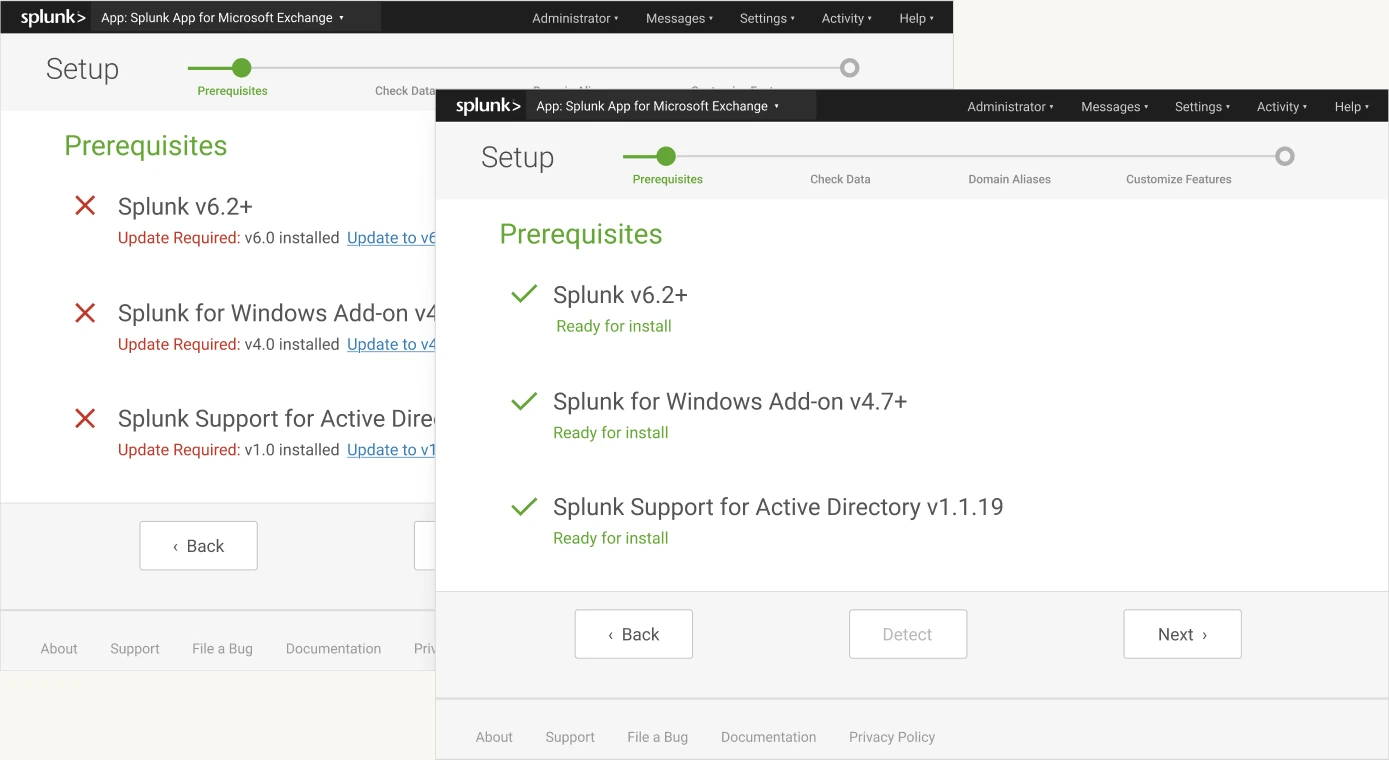 The setup wizard checking the environment's prerequisites before setup can continue